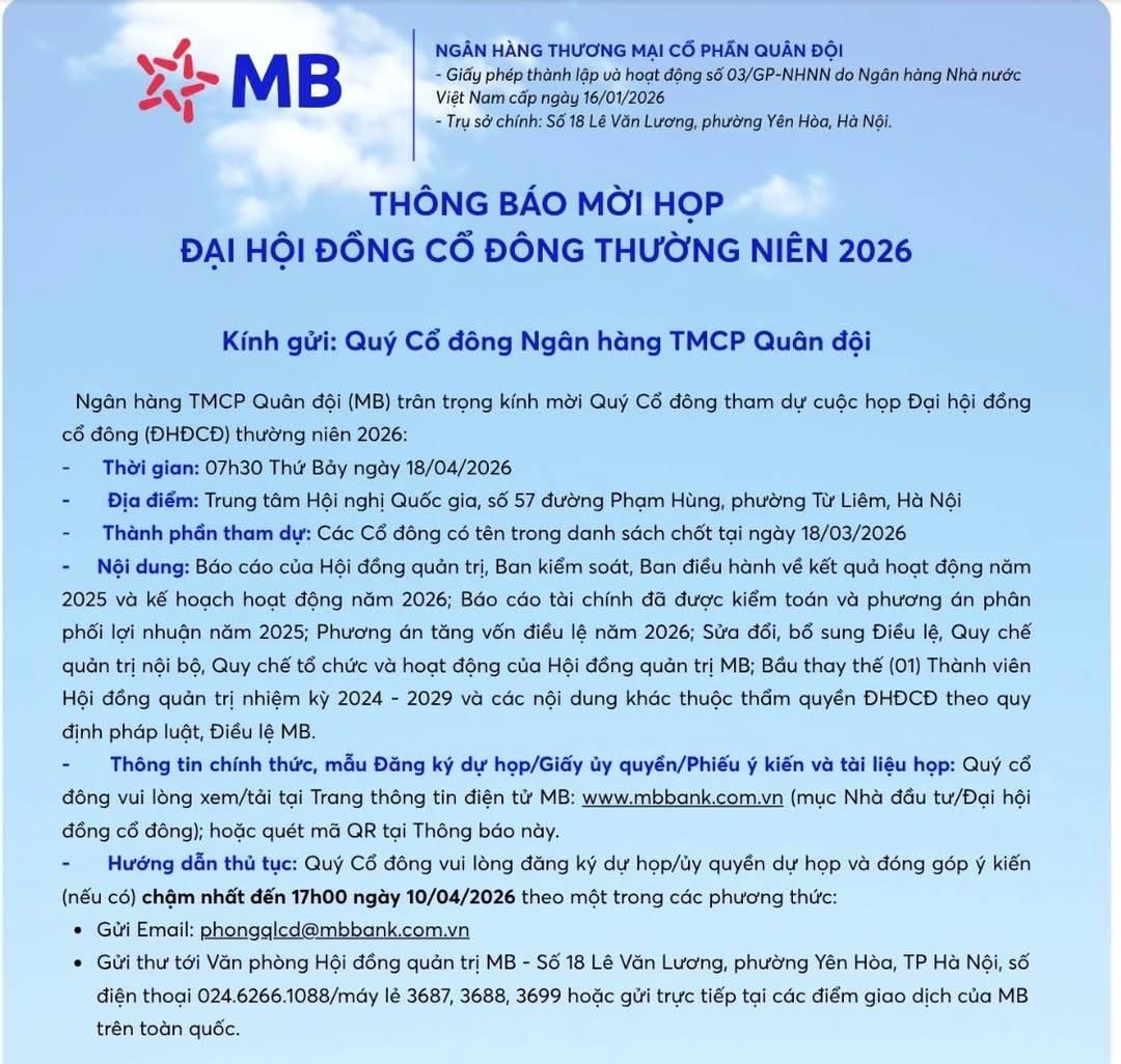 MBB: Thông báo nóng, cổ đông cần làm ngay việc này